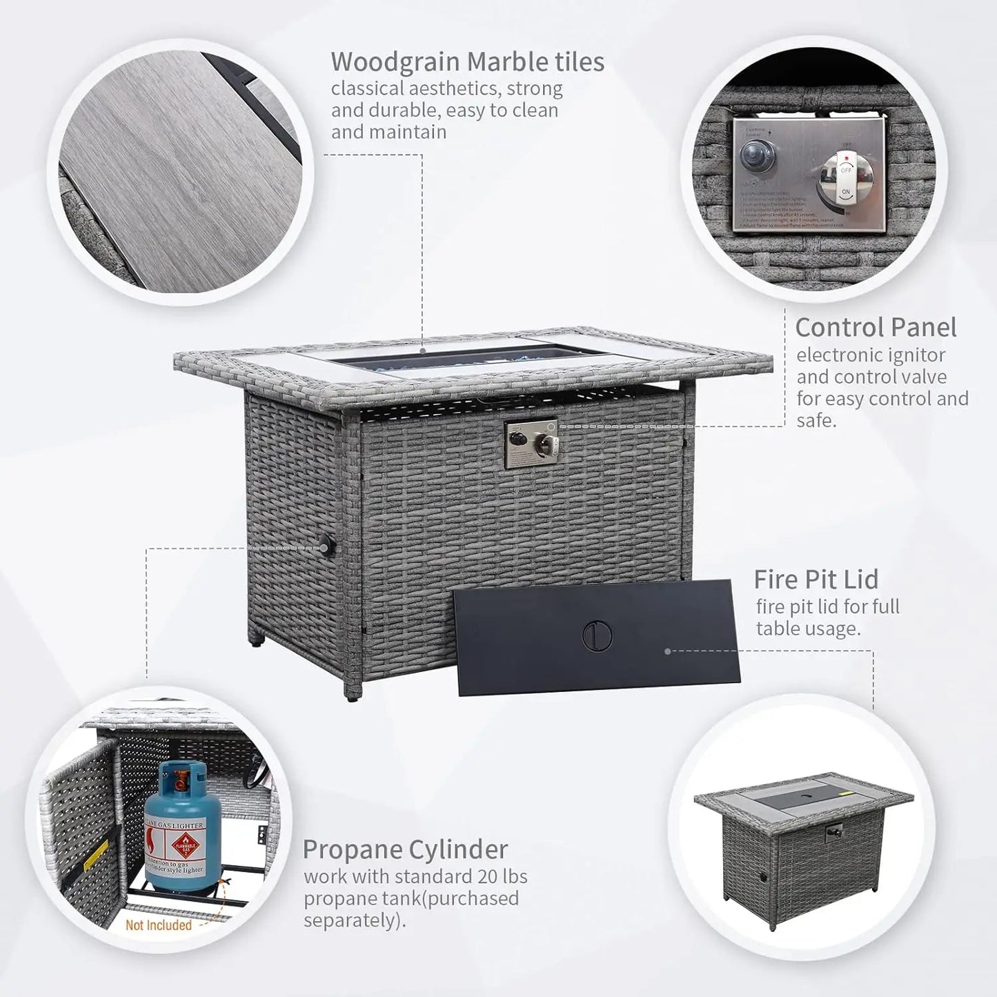 7-Piece Patio Furniture Set with 45-Inch Fire Pit 60000 BTU Propane Fire Pit Table Non-Slip Cushions and Waterproof Covers