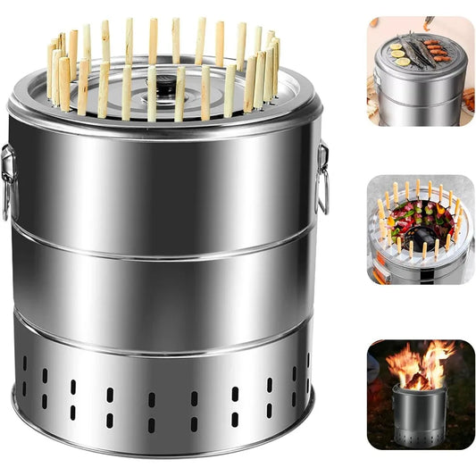 Portable Smokeless Barbecue Charcoal Barrel Grill Stainless Steel Surround Charcoal kebab Grill with 28 Skewers and BBQ Grill Cover