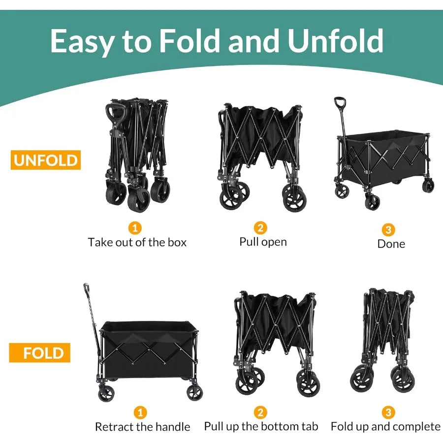 Collapsible Trolley Wagon Cart with Wheels 140L 300LBS Capacity for Outdoor Sports Shopping Camping and Gardening