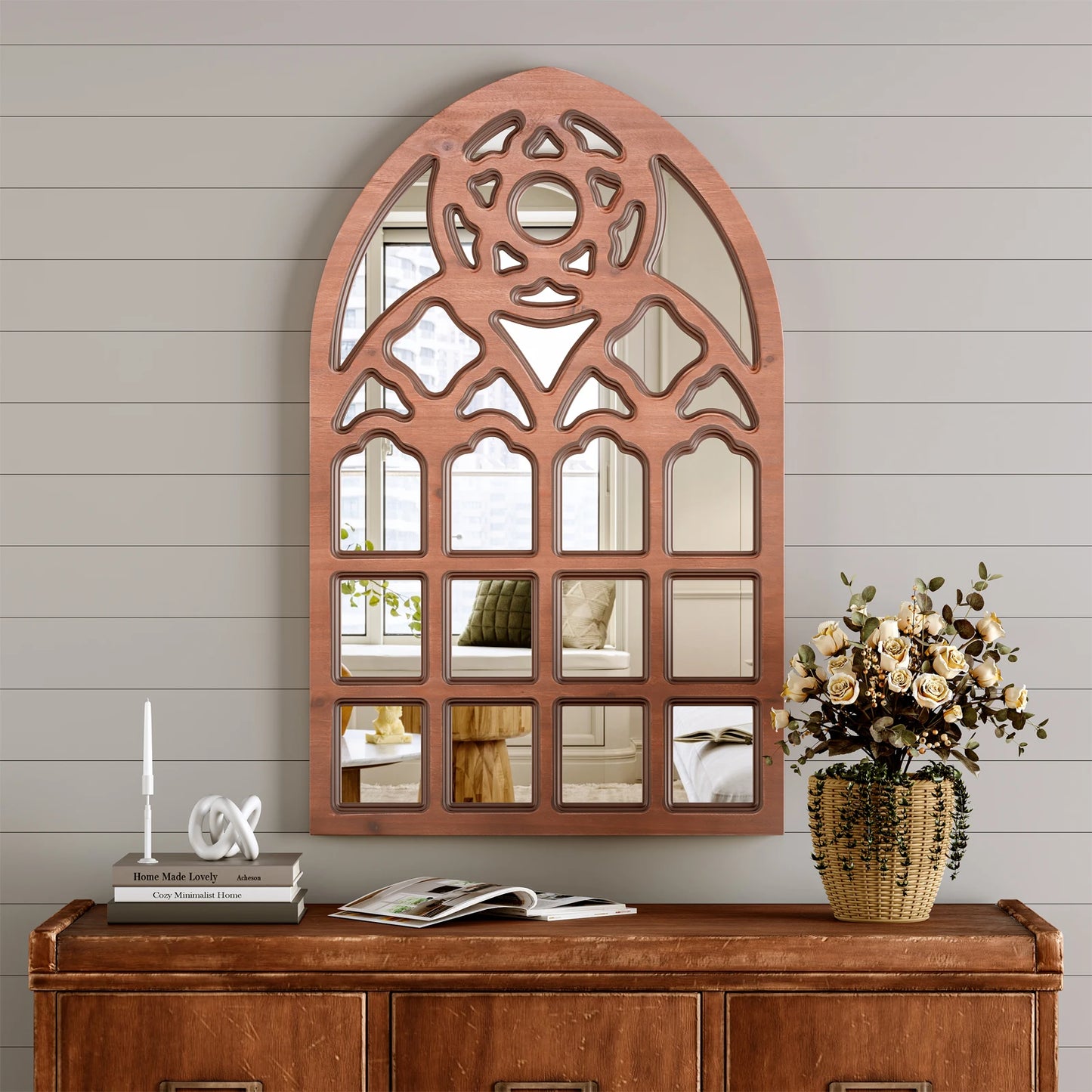 Arched Window Mirror, Big Wall Mirrors Decorative with Wood Framed, Large Retro Farmhouse Mirrors for Kitchen Entryway Living Room